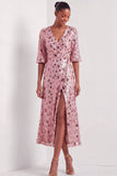 Half Sleeves Dusty Sage Floral Sparkly Long Formal Dress with Slit