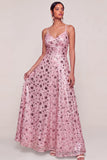 Pink Sparkly Sequined A Line Long Formal Dress