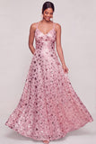 Pink Sparkly Sequined A Line Long Formal Dress