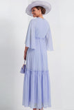 Light Blue Fluter Sleeves A Line Long Mother of the Bride Dress with Ruffles