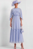 Light Blue Fluter Sleeves A Line Long Mother of the Bride Dress with Ruffles