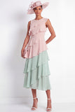 Pink and Green Tiered A Line Midi Mother of the Bride Dress with Ruffles