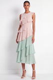 Pink and Green Tiered A Line Midi Mother of the Bride Dress with Ruffles