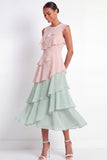 Pink and Green Tiered A Line Midi Mother of the Bride Dress with Ruffles