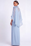 Light Blue Mermaid V Neck Long Mother of the Bride Dress with Cape