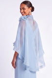 Light Blue Mermaid V Neck Long Mother of the Bride Dress with Cape
