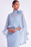 Light Blue Mermaid V Neck Long Mother of the Bride Dress with Cape