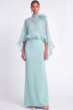 Light Blue Mermaid V Neck Long Mother of the Bride Dress with Cape