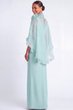 Light Blue Mermaid V Neck Long Mother of the Bride Dress with Cape