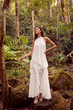 White Long Ruffled Lace Halter Beach Wedding Dress
