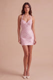 Pink Sparkly Corset Bodycon Halter Short Cocktail Dress with Beading
