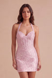 Pink Sparkly Corset Bodycon Halter Short Cocktail Dress with Beading