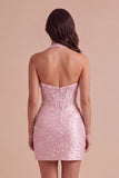 Pink Sparkly Corset Bodycon Halter Short Cocktail Dress with Beading