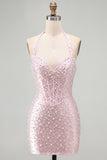 Pink Sparkly Corset Bodycon Halter Short Cocktail Dress with Beading