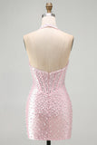 Pink Sparkly Corset Bodycon Halter Short Cocktail Dress with Beading