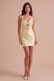 Sparkly Yellow Beaded Bodycon Halter Keyhole Short Cocktail Dress