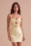 Sparkly Yellow Beaded Bodycon Halter Keyhole Short Cocktail Dress