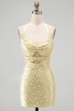 Sparkly Yellow Beaded Bodycon Halter Keyhole Short Cocktail Dress