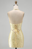 Sparkly Yellow Beaded Bodycon Halter Keyhole Short Cocktail Dress
