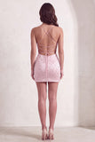 Sparkly Beaded Pink Bodycon Spaghetti Straps Short Cocktail Dress