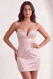 Sparkly Beaded Pink Bodycon Spaghetti Straps Short Cocktail Dress