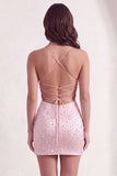 Sparkly Beaded Pink Bodycon Spaghetti Straps Short Cocktail Dress