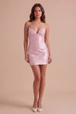 Sparkly Beaded Pink Bodycon Spaghetti Straps Short Cocktail Dress