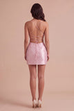 Sparkly Beaded Pink Bodycon Spaghetti Straps Short Cocktail Dress