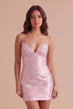 Sparkly Beaded Pink Bodycon Spaghetti Straps Short Cocktail Dress