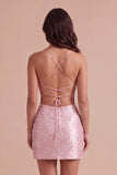 Sparkly Beaded Pink Bodycon Spaghetti Straps Short Cocktail Dress