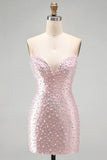Sparkly Beaded Pink Bodycon Spaghetti Straps Short Cocktail Dress
