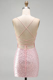 Sparkly Beaded Pink Bodycon Spaghetti Straps Short Cocktail Dress