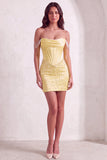 Sparkly Beaded Yellow Corset Bodycon Off the Shoulder Short Cocktail Dress with Pearls