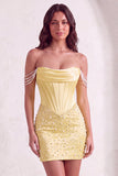 Sparkly Beaded Yellow Corset Bodycon Off the Shoulder Short Cocktail Dress with Pearls