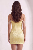 Sparkly Beaded Yellow Corset Bodycon Off the Shoulder Short Cocktail Dress with Pearls