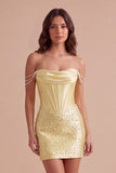 Sparkly Beaded Yellow Corset Bodycon Off the Shoulder Short Cocktail Dress with Pearls
