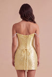 Sparkly Beaded Yellow Corset Bodycon Off the Shoulder Short Cocktail Dress with Pearls
