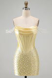 Sparkly Beaded Yellow Corset Bodycon Off the Shoulder Short Cocktail Dress with Pearls