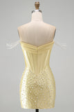 Sparkly Beaded Yellow Corset Bodycon Off the Shoulder Short Cocktail Dress with Pearls