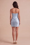 Grey Blue Sparkly Ruched Corset Bodycon Strapless Short Cocktail Dress with Beading