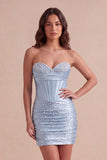 Grey Blue Sparkly Ruched Corset Bodycon Strapless Short Cocktail Dress with Beading