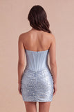 Grey Blue Sparkly Ruched Corset Bodycon Strapless Short Cocktail Dress with Beading