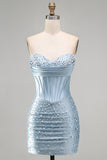 Grey Blue Sparkly Ruched Corset Bodycon Strapless Short Cocktail Dress with Beading