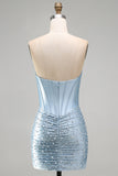 Grey Blue Sparkly Ruched Corset Bodycon Strapless Short Cocktail Dress with Beading
