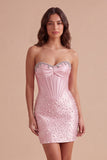 Sparkly Pink Corset Bodycon Strapless Beading Short Cocktail Dress with Rhinestone
