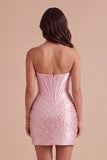 Sparkly Pink Corset Bodycon Strapless Beading Short Cocktail Dress with Rhinestone