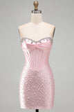 Sparkly Pink Corset Bodycon Strapless Beading Short Cocktail Dress with Rhinestone