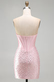 Sparkly Pink Corset Bodycon Strapless Beading Short Cocktail Dress with Rhinestone