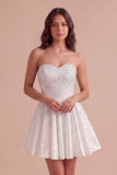 Sparkly Beaded White A-Line Strapless Short Cocktail Dress with Pearls
