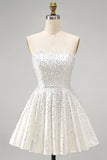 Sparkly Beaded White A-Line Strapless Short Cocktail Dress with Pearls